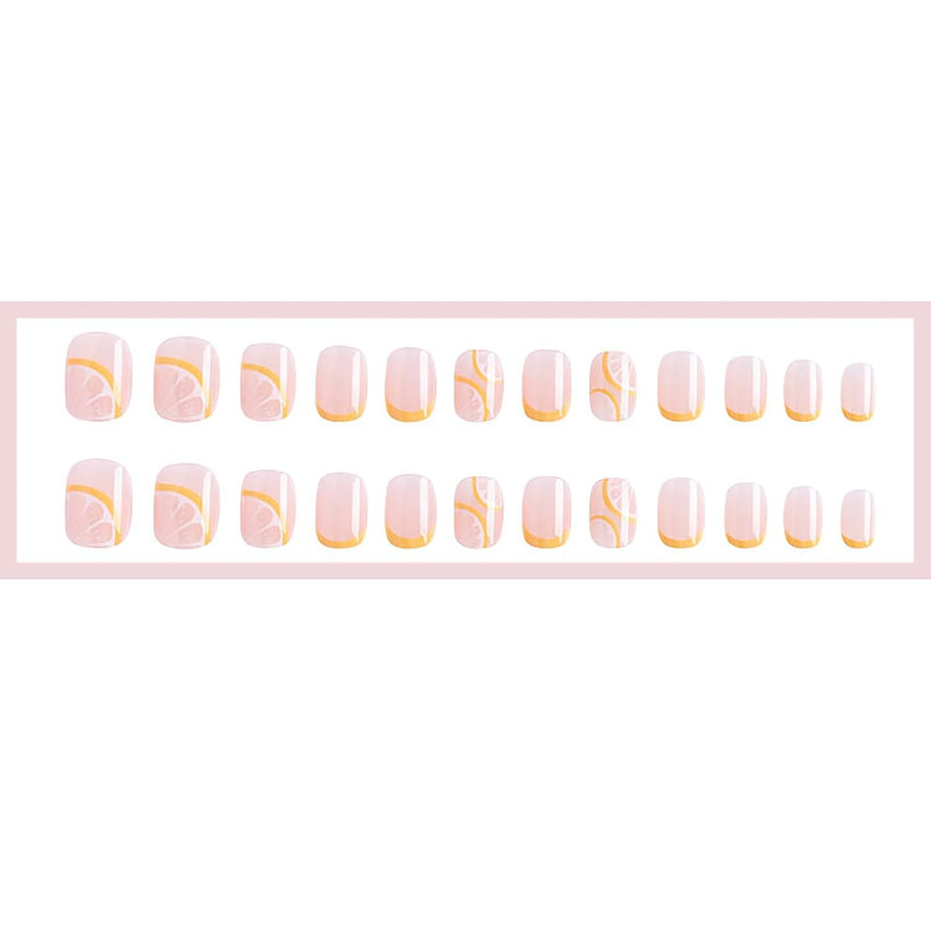 French Press Nails - 24Pcs Yellow Nude Acrylic Fruits Lemon Designs with Glossy Stick-On Short Artificial Nails