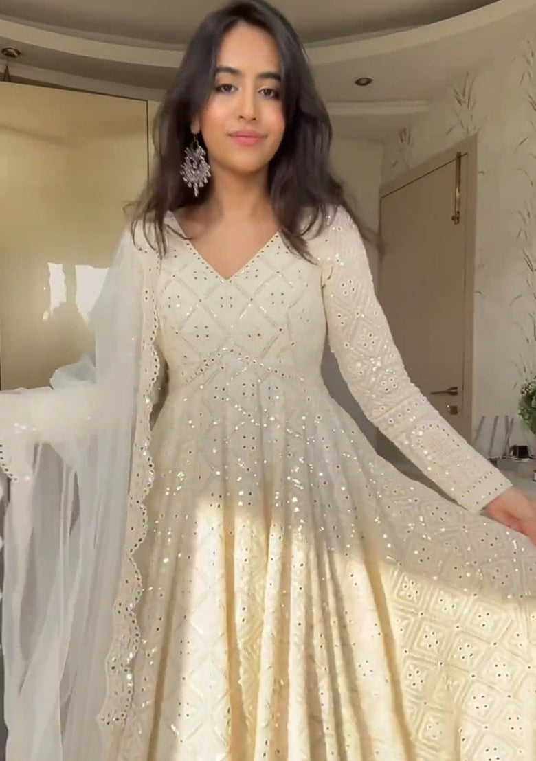 OFF White sequin work Georgette Anarkali set
