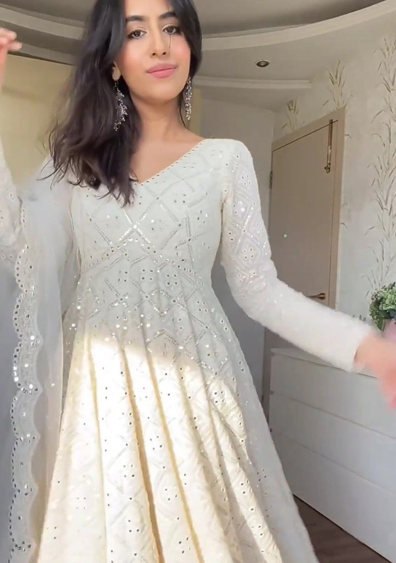 OFF White sequin work Georgette Anarkali set
