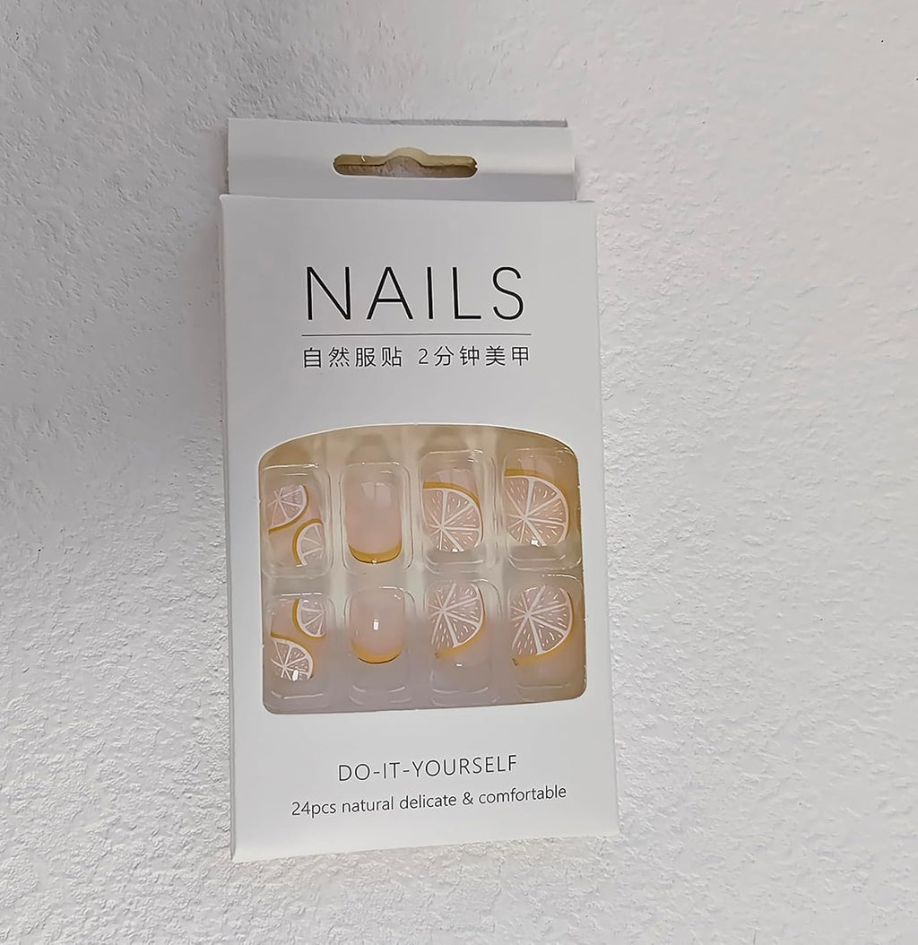 French Press Nails - 24Pcs Yellow Nude Acrylic Fruits Lemon Designs with Glossy Stick-On Short Artificial Nails