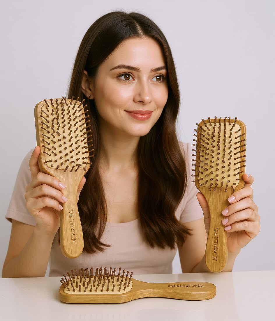 Bamboo Paddle Hairbrush Set of 2 – Eco Friendly Rectangular Bamboo Bristles Detangling Scalp Massage & Styling Natural Hair Brush Hair Growth, Plastic Free Sustainable Hair Care for Men & Women