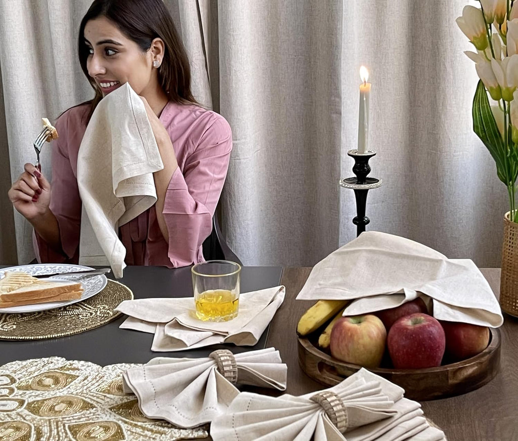 Linen Flax Cotton Cloth Dinner Napkins Set of 12 – 18X18 Natural Fabric with Hemstitched Mitered Corners – Machine Washable Wedding, Cocktail & Party Table Napkins