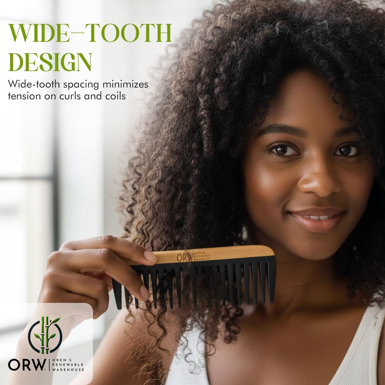Wide Tooth Comb for Curly Hair – Bamboo Detangling Comb for Wet Hair, Shower Safe, Bakelite Reinforced, Durable, SGS REACH Tested