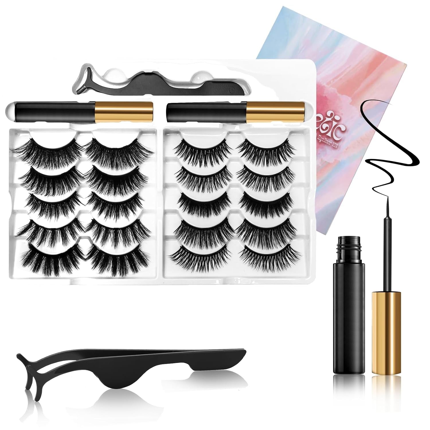 Magnetic Eyelashes Kit - 10 Pairs Lightweight 3D Natural Look Magnetic Lashes with Eyeliner & Tweezers, Reusable Mink False Eyelashes, Sweatproof, No Glue Needed, Easy to Apply (10Pairs)