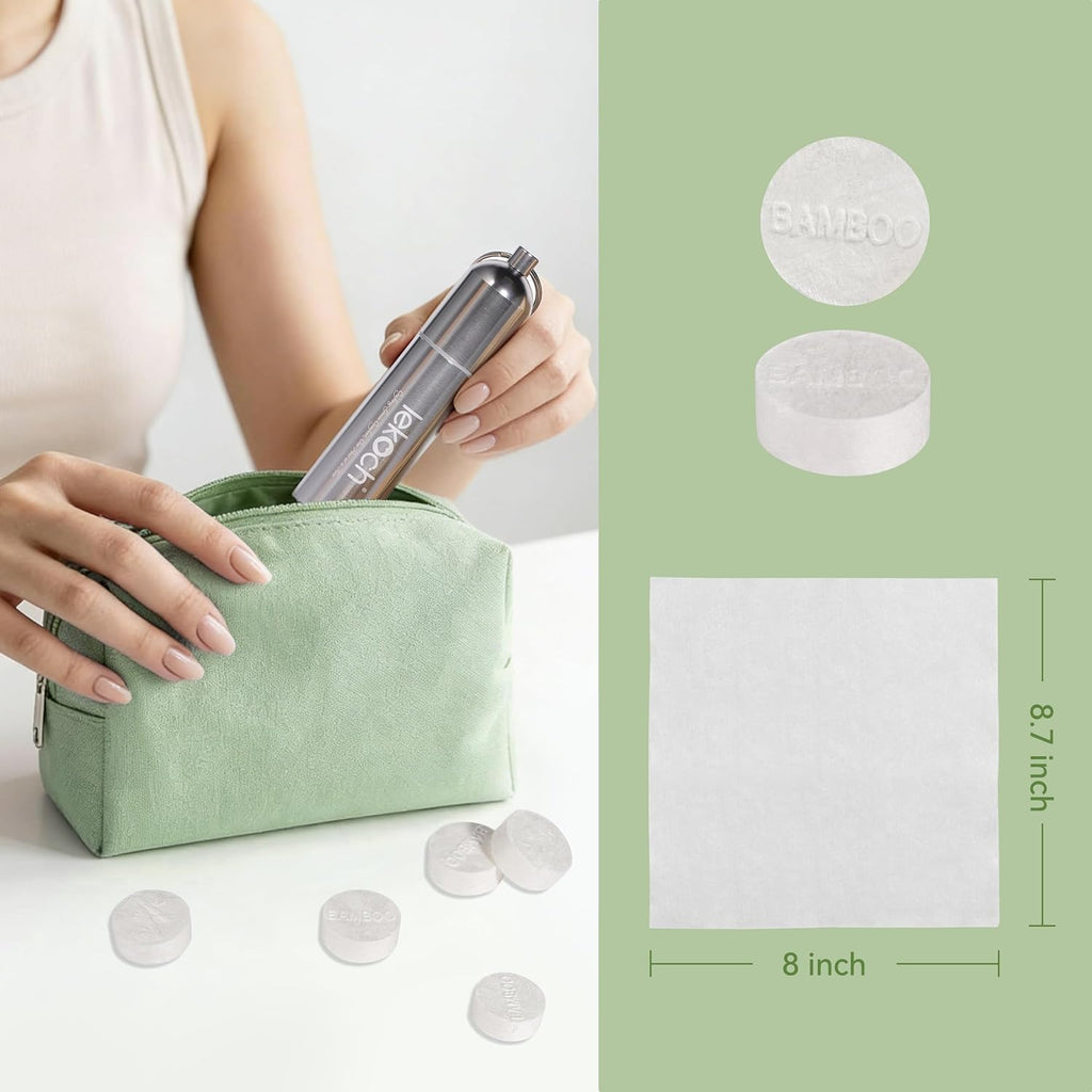 Compressed Towel Tablets - Bamboo Portable Camping Paper Tablets, Great for Hiking, Travel and Backpacking - Disposable Washcloths, Body Wipes, Coin Tissue (100 Pack with Metal Cases)