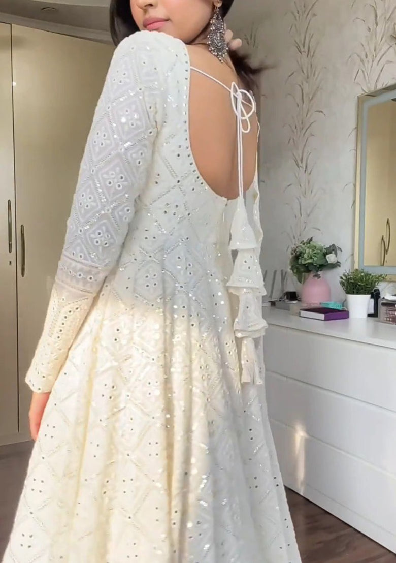 OFF White sequin work Georgette Anarkali set