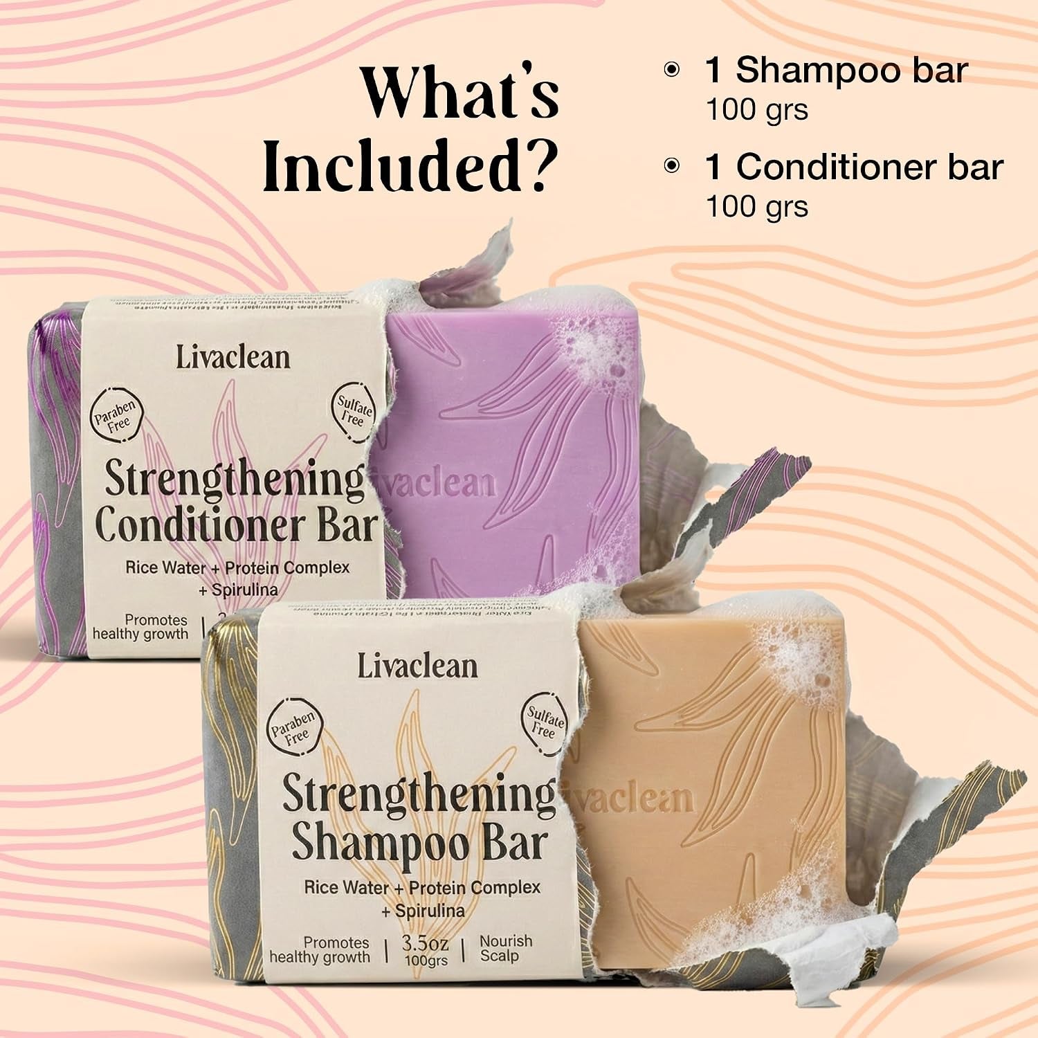 2 Pack Rice Water Shampoo and Conditioner Bar - 2X100G - Hair Soap with Spirulina Matcha Hyaluronic Acid Coconut - No Sulfates or Parabens - Bar Shampoo and Conditioner Set - Rice Soap for Hair Growth