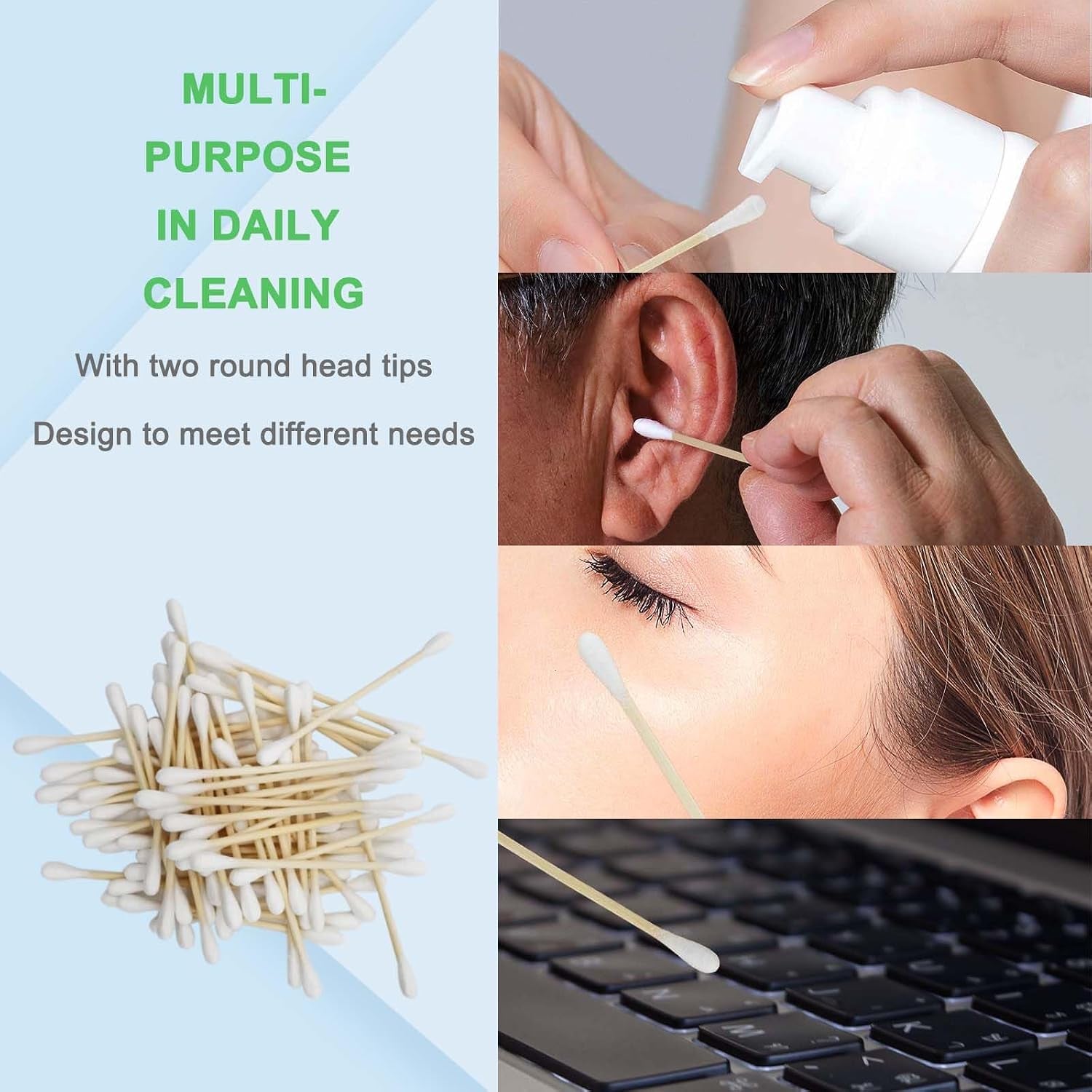 Bamboo Qtips - 400 Count - Organic Cotton Buds, Biodegradable & Plastic-Free Natural Wooden Cotton Swabs for Ears & Makeup