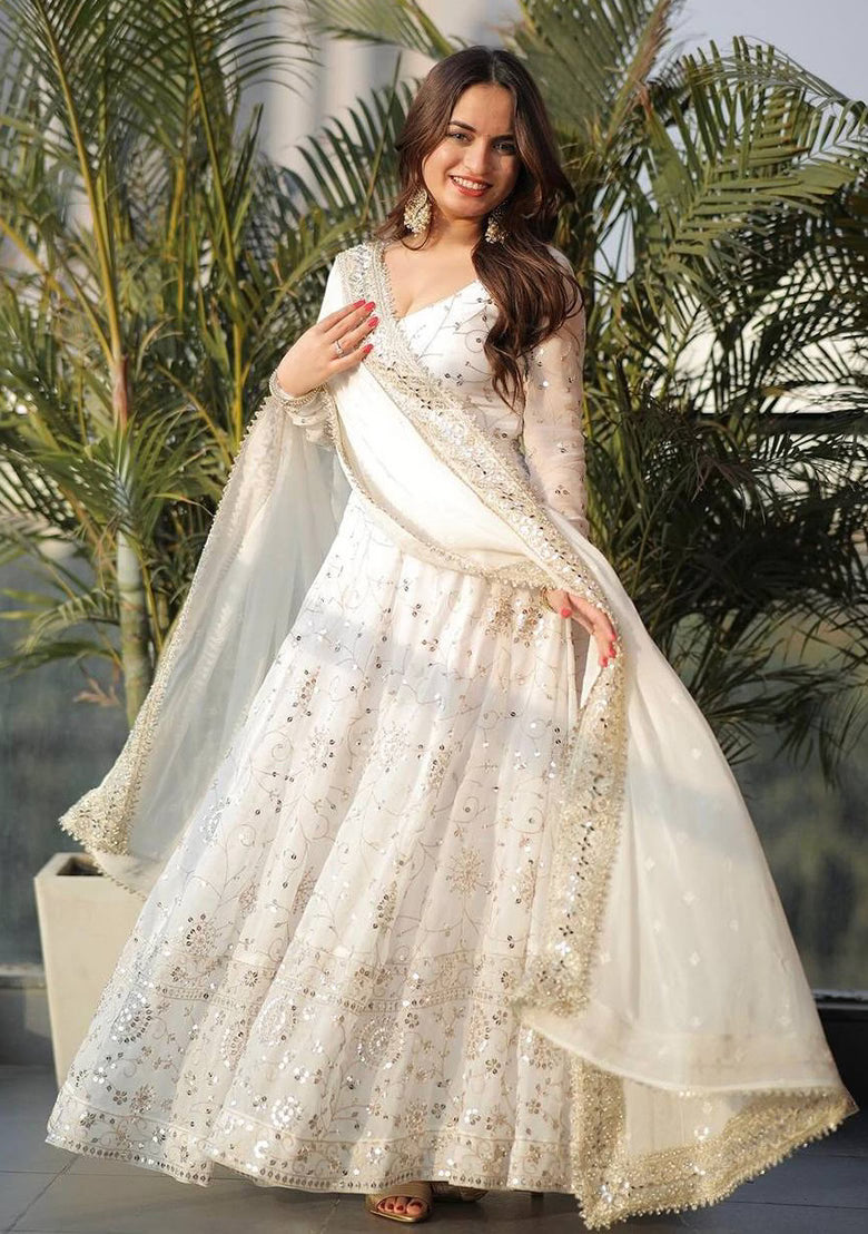 White Embroidered Anarkali Set