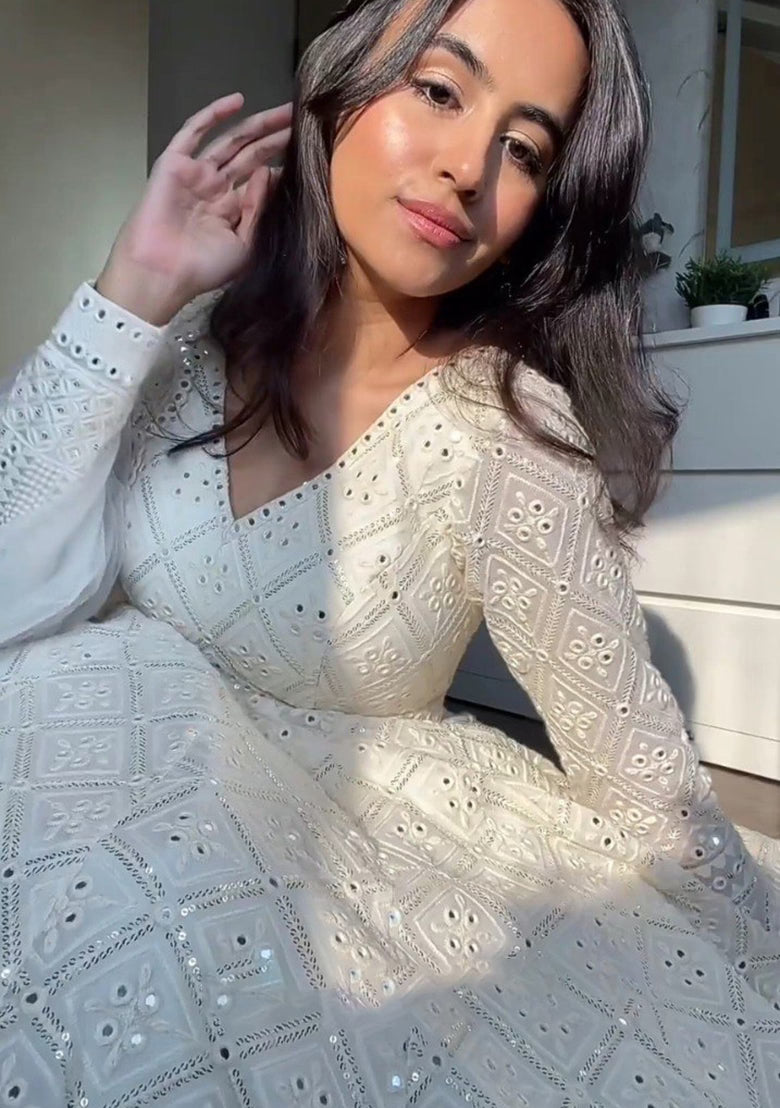OFF White sequin work Georgette Anarkali set