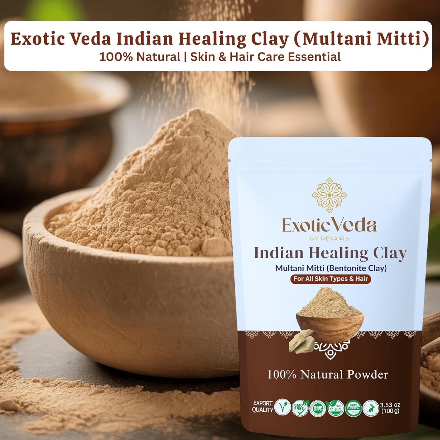 Indian Healing Powder 100G | Natural Calcium Bentonite Clay & Multani Mitti | Face & Body Mask for Smooth, Radiant Skin | Pore Care, Oil Control, Hair & Scalp Care | Vegan & Cruelty-Free