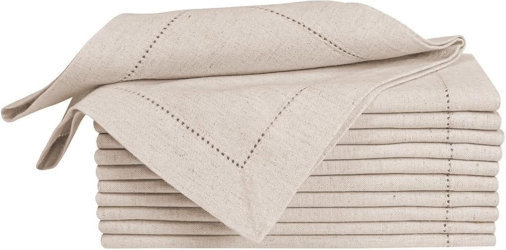 Linen Flax Cotton Cloth Dinner Napkins Set of 12 – 18X18 Natural Fabric with Hemstitched Mitered Corners – Machine Washable Wedding, Cocktail & Party Table Napkins