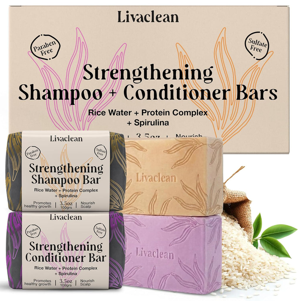 2 Pack Rice Water Shampoo and Conditioner Bar - 2X100G - Hair Soap with Spirulina Matcha Hyaluronic Acid Coconut - No Sulfates or Parabens - Bar Shampoo and Conditioner Set - Rice Soap for Hair Growth