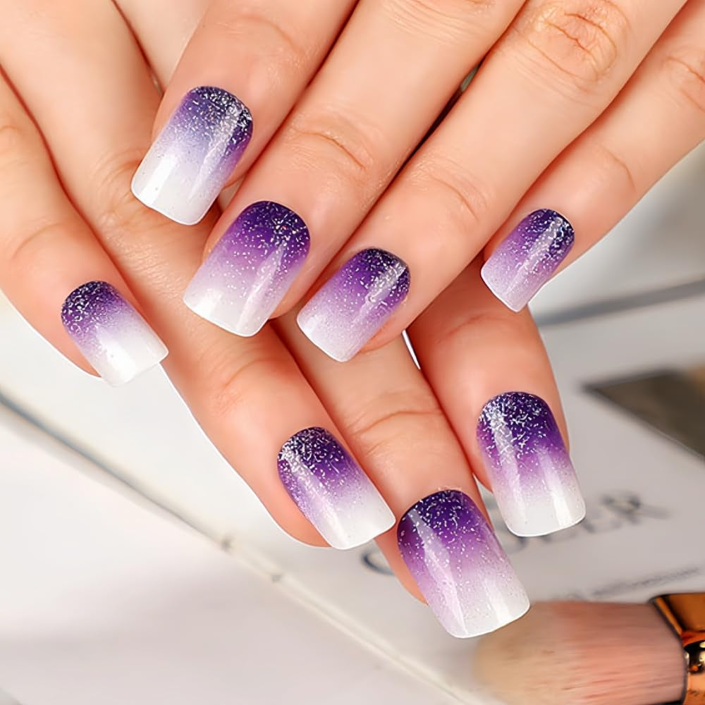 Square Press on Nails Short Fake Nails Purple Gradient Glue on Nail Glitter Acrylic Nails Glossy False Nails Press on Nails for Women and Girls 24Pcs