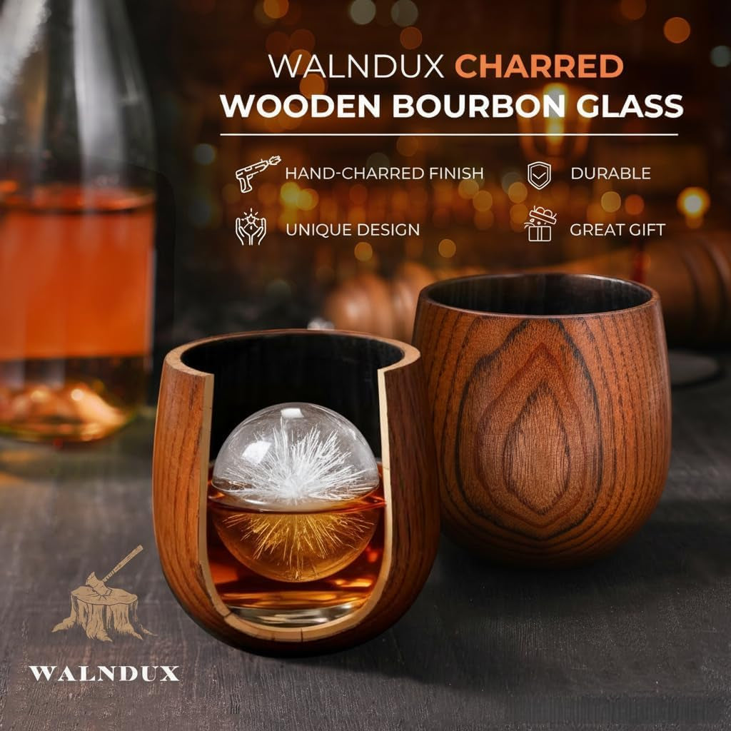 Upgraded Charred Whiskey Glasses Sets, Bourbon Drinking Glass, Bourbon Gifts for Men, Finished Wooden Old Fashioned Glass, Great Whiskey Gifts for Men, Dad, or Brother (1 Pack)