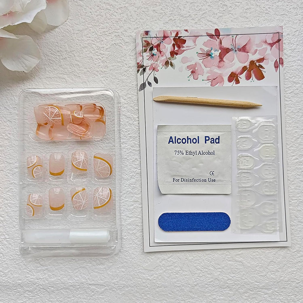 French Press Nails - 24Pcs Yellow Nude Acrylic Fruits Lemon Designs with Glossy Stick-On Short Artificial Nails