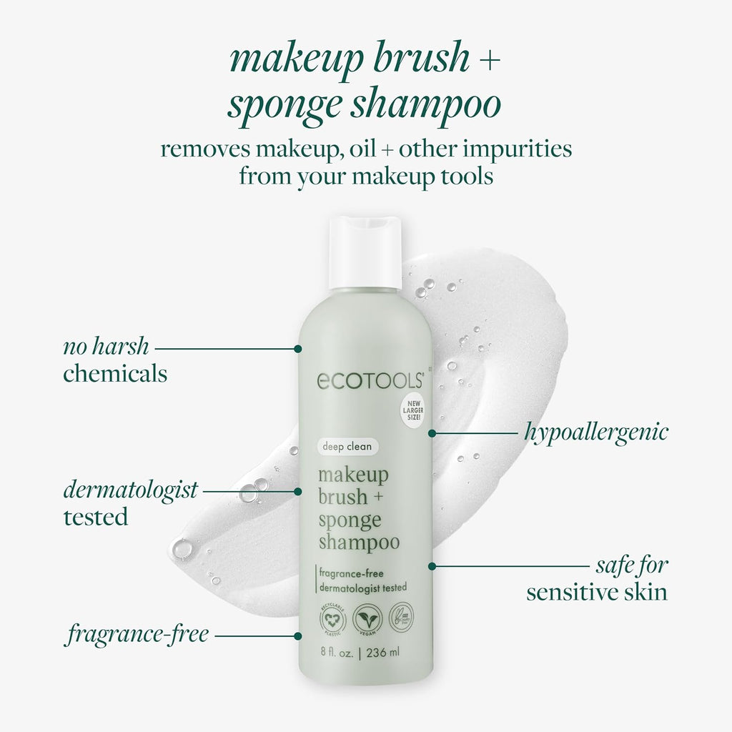 Makeup Brush + Sponge Shampoo, Cleanses Makeup & Impurities from Tools, Sponges, & Puffs, Fragrance-Free Cleanser, No Harsh Chemicals, Vegan, & Cruelty-Free, 8 Fl. Oz./236 Ml. Bottle