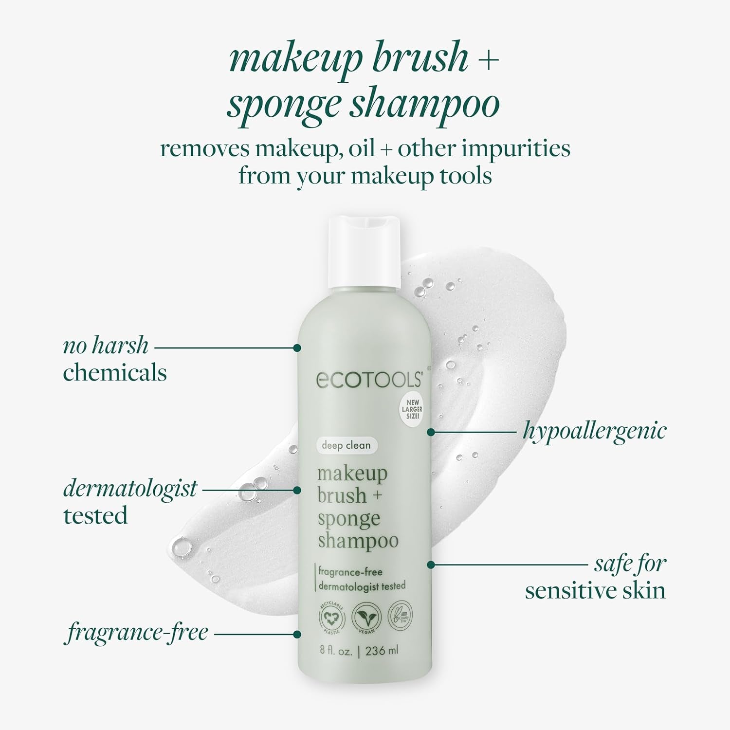 Makeup Brush + Sponge Shampoo, Cleanses Makeup & Impurities from Tools, Sponges, & Puffs, Fragrance-Free Cleanser, No Harsh Chemicals, Vegan, & Cruelty-Free, 8 Fl. Oz./236 Ml. Bottle