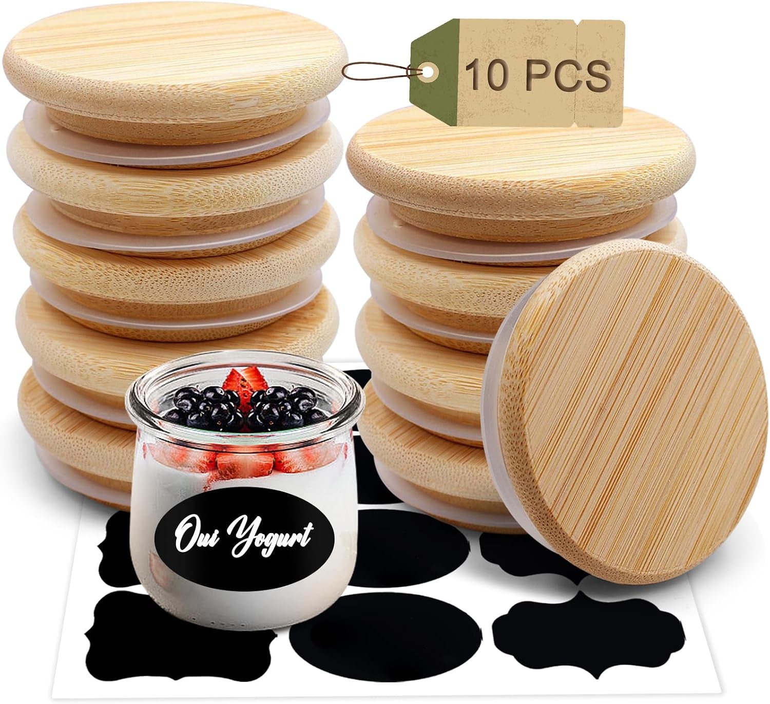 Oui Yogurt Jar Lids,  Leak Proof Wooden Lids Set with Silicone Sealing Rings, Reusable Natural Bamboo Canning Lids Covers with Bottle Label for 5 Oz Oui Yogurt Jars Storage (10 Pack)