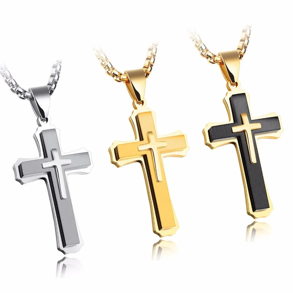 Men Necklaces & Pendants Male Cross Necklace Punk Stainless Steel Chain Fashion Jewelry White Black Golden