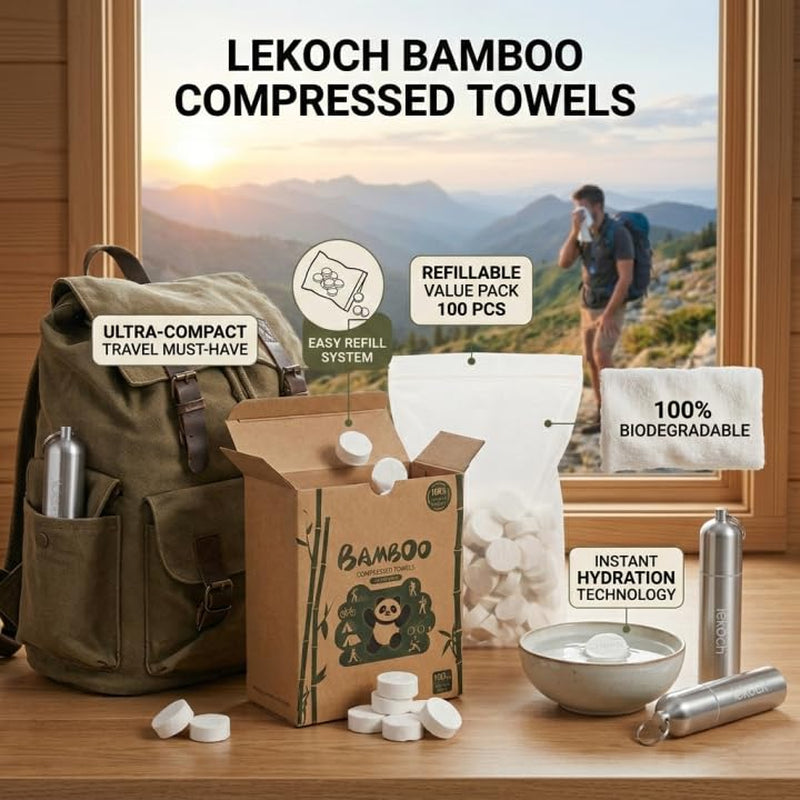 Compressed Towel Tablets - Bamboo Portable Camping Paper Tablets, Great for Hiking, Travel and Backpacking - Disposable Washcloths, Body Wipes, Coin Tissue (100 Pack with Metal Cases)