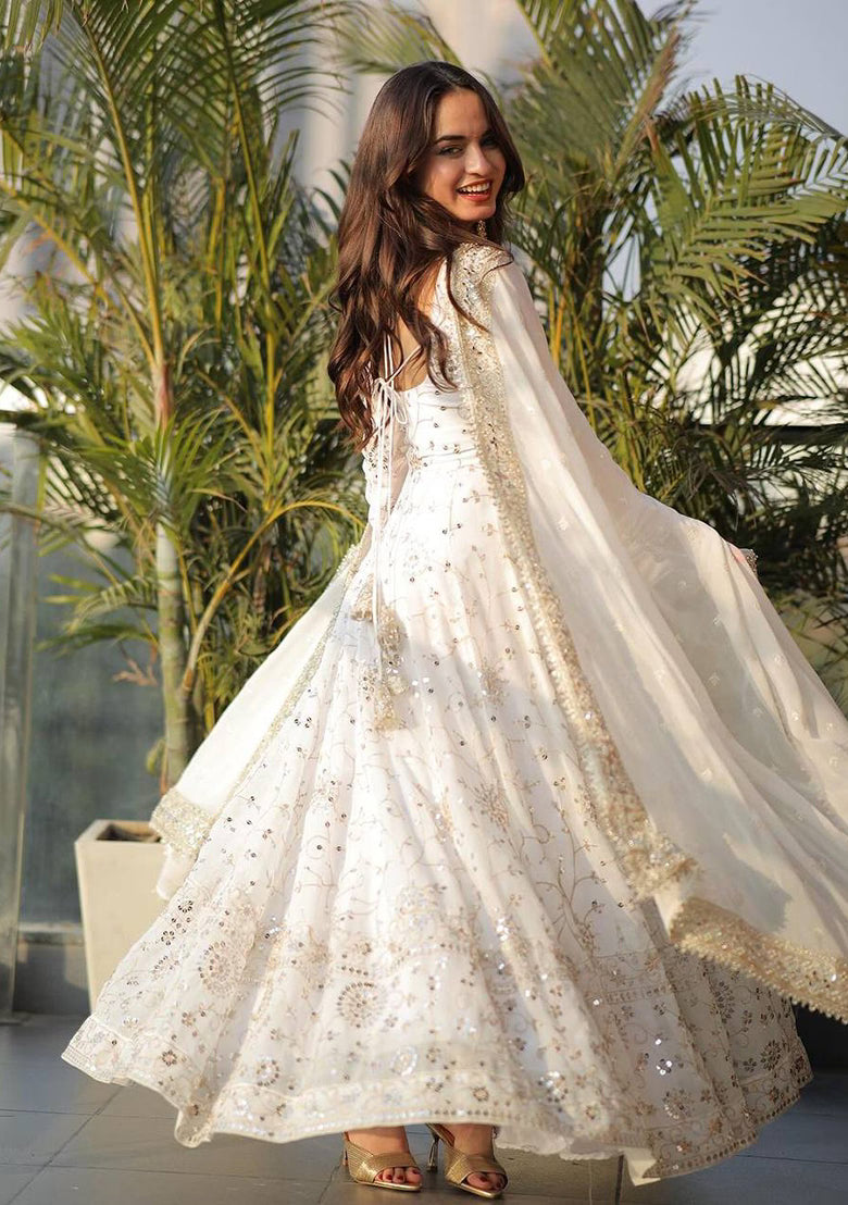 White Embroidered Anarkali Set