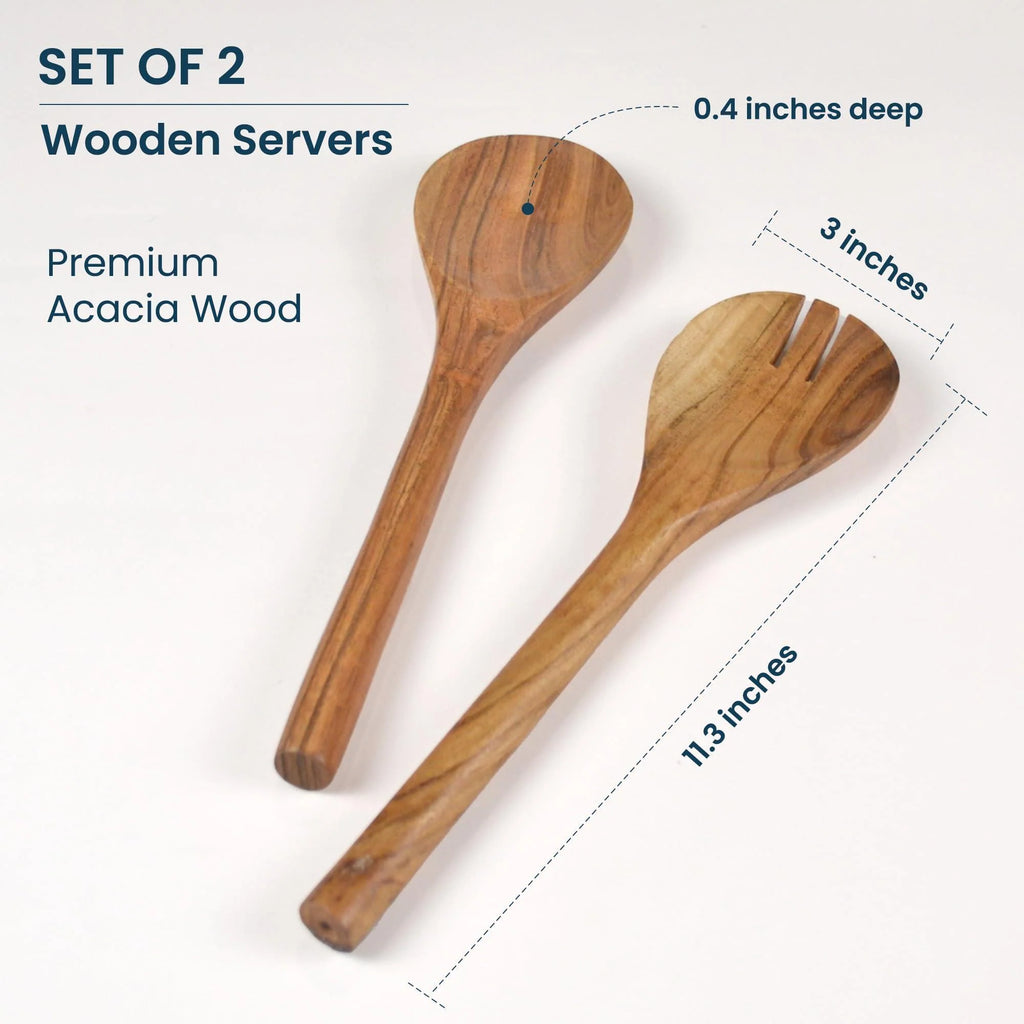 The Fine Living Co. Acacia Salad Servers 11 Inches Wooden Spoon Handcrafted Kitchen Utensils for Mixing Tossing Cooking (2 Piece Set Natural)
