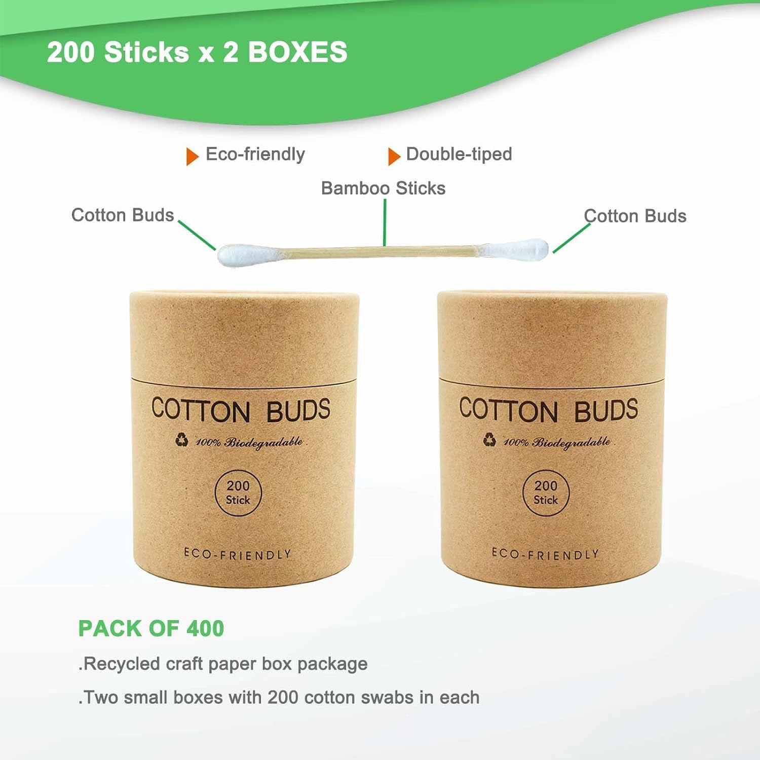 Bamboo Qtips - 400 Count - Organic Cotton Buds, Biodegradable & Plastic-Free Natural Wooden Cotton Swabs for Ears & Makeup