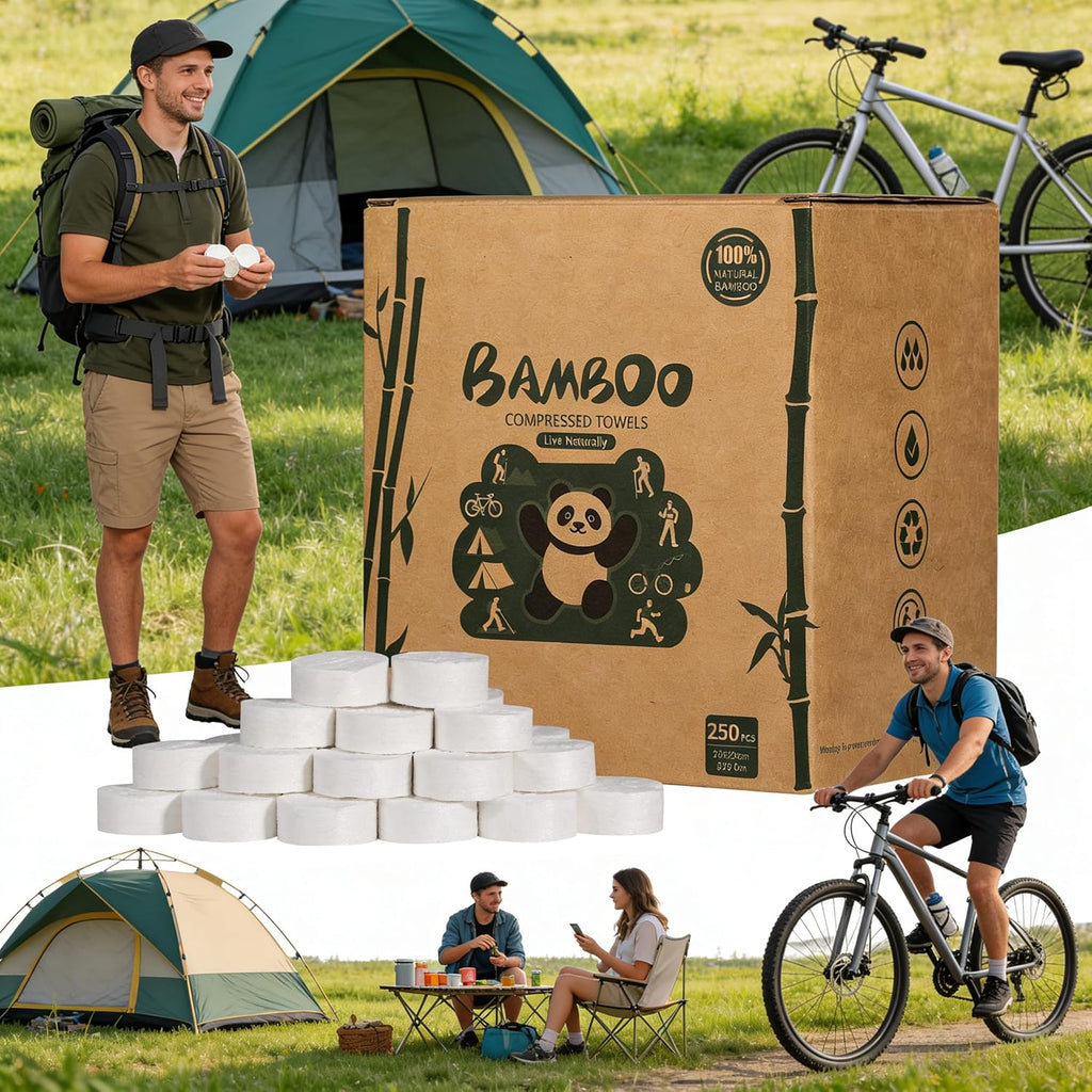 Compressed Towel Tablets - Bamboo Portable Camping Paper Tablets, Great for Hiking, Travel and Backpacking - Disposable Washcloths, Body Wipes, Coin Tissue (100 Pack with Metal Cases)