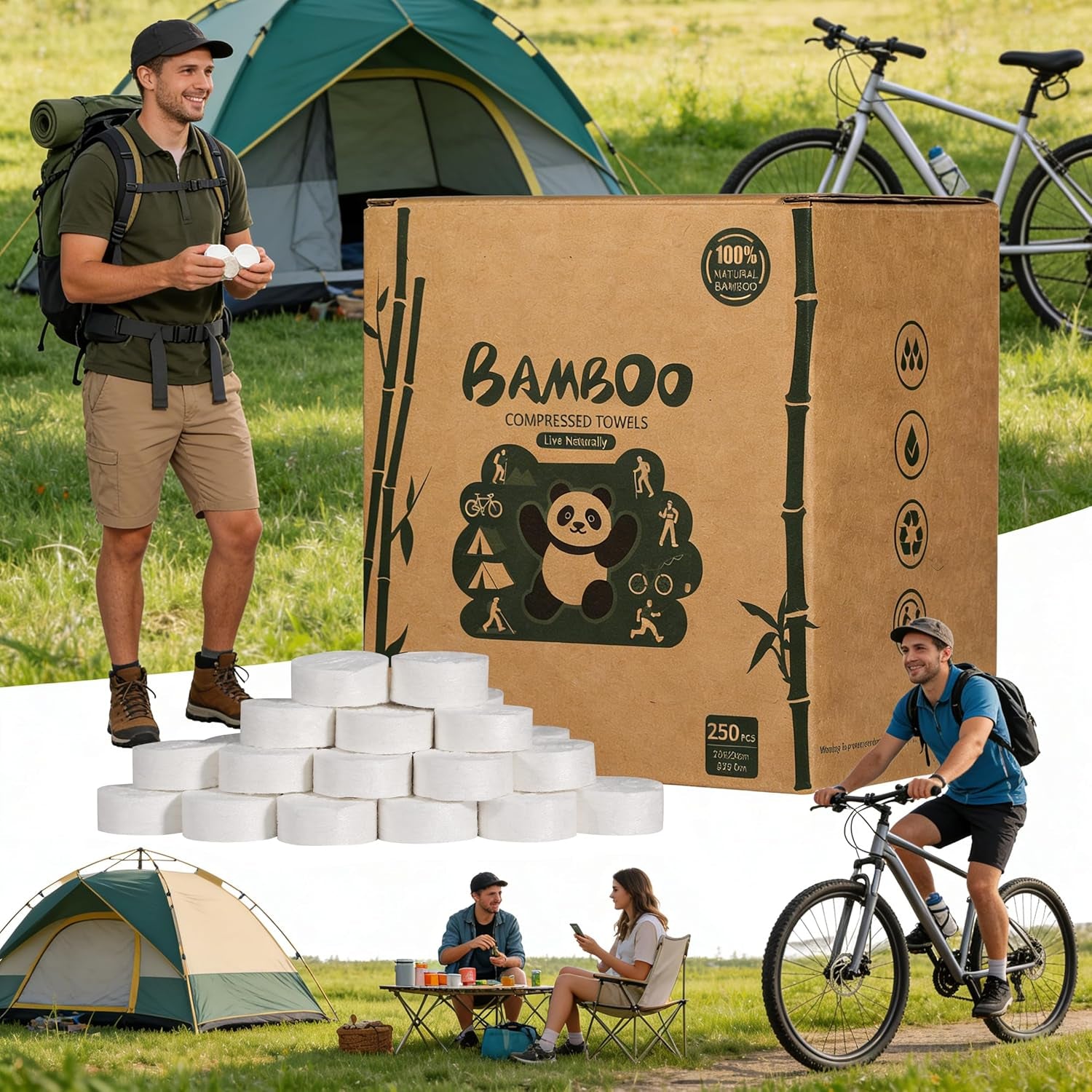 Compressed Towel Tablets - Bamboo Portable Camping Paper Tablets, Great for Hiking, Travel and Backpacking - Disposable Washcloths, Body Wipes, Coin Tissue (100 Pack with Metal Cases)