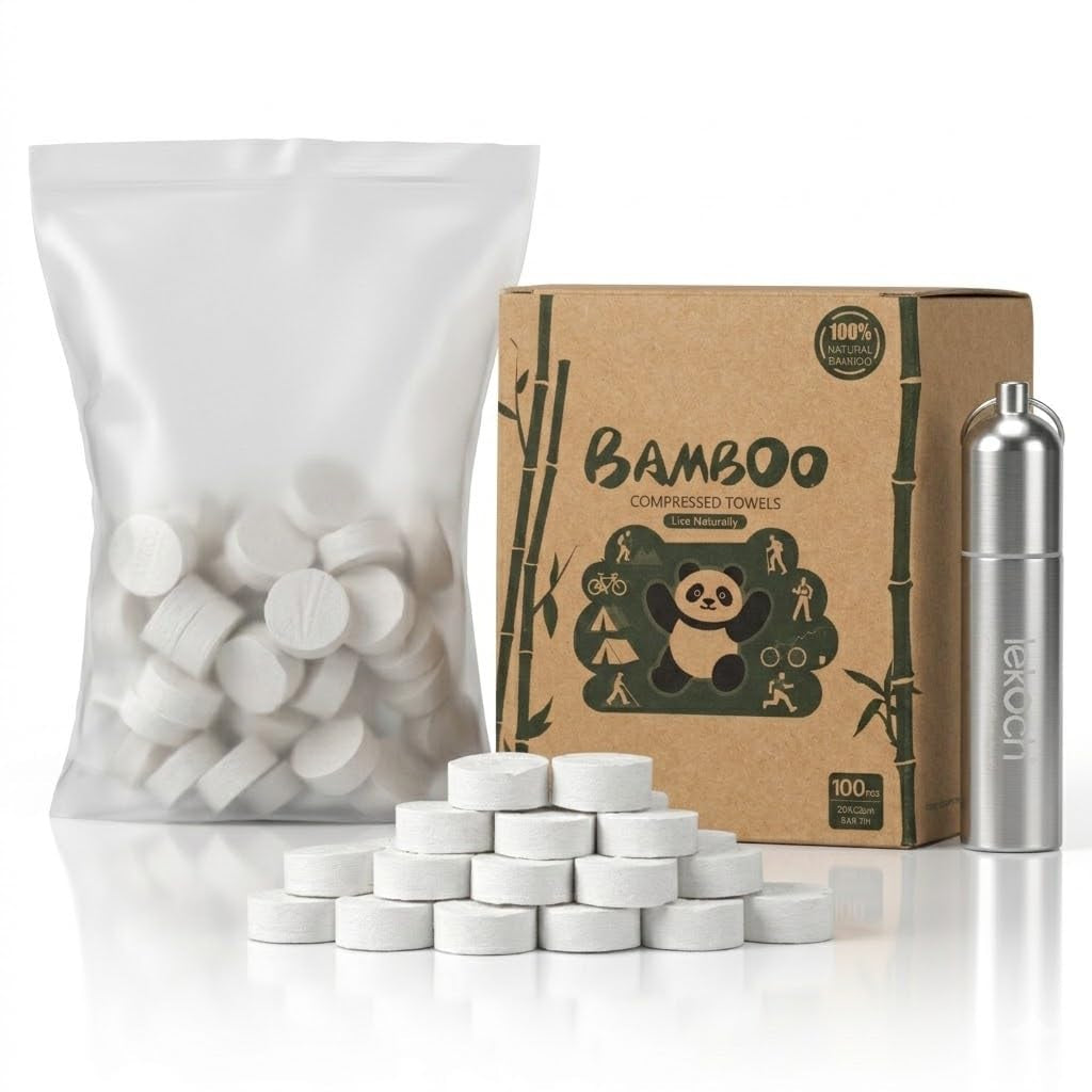 Compressed Towel Tablets - Bamboo Portable Camping Paper Tablets, Great for Hiking, Travel and Backpacking - Disposable Washcloths, Body Wipes, Coin Tissue (100 Pack with Metal Cases)