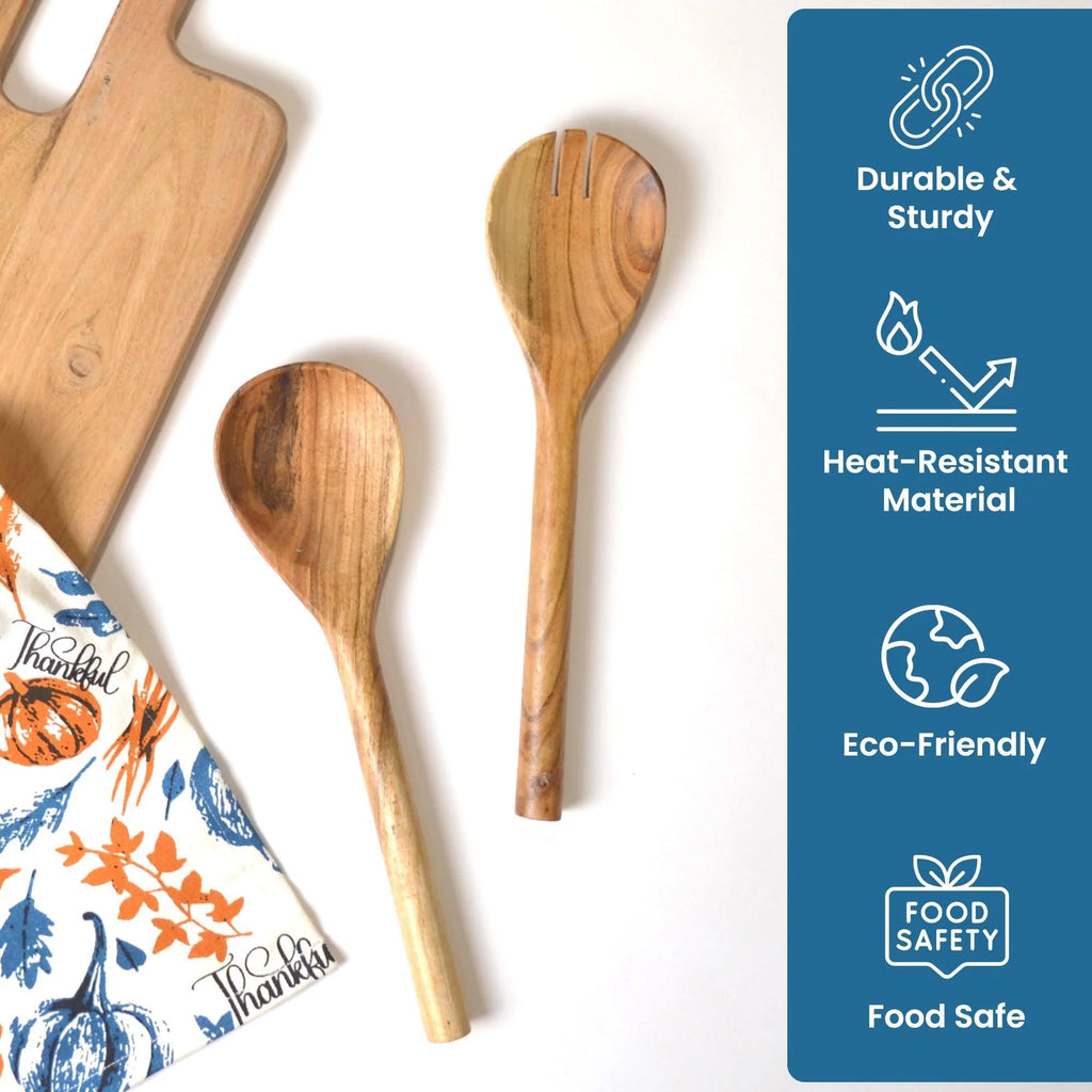 The Fine Living Co. Acacia Salad Servers 11 Inches Wooden Spoon Handcrafted Kitchen Utensils for Mixing Tossing Cooking (2 Piece Set Natural)