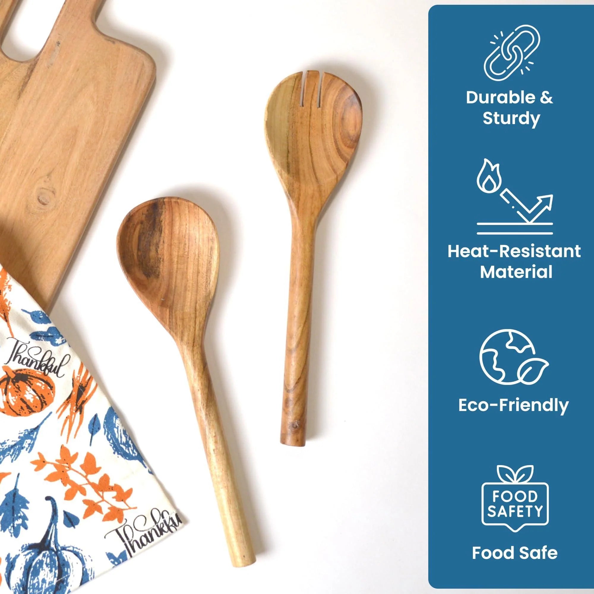 The Fine Living Co. Acacia Salad Servers 11 Inches Wooden Spoon Handcrafted Kitchen Utensils for Mixing Tossing Cooking (2 Piece Set Natural)