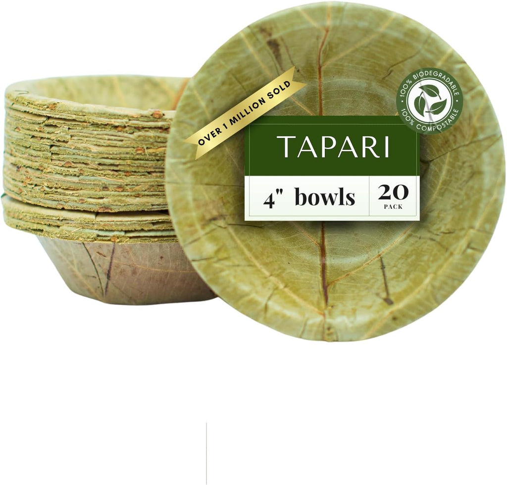 TAPARI Mini Disposable Bowls - 20 Pack Mini Leaf Bowls - 4 Inch - Sturdy & Eco-Friendly - Home Compostable & Biodegradable Bowls for Parties - Bowl for Soup, Hot & Cold Food - Sal Leaf - 3 Fl Oz