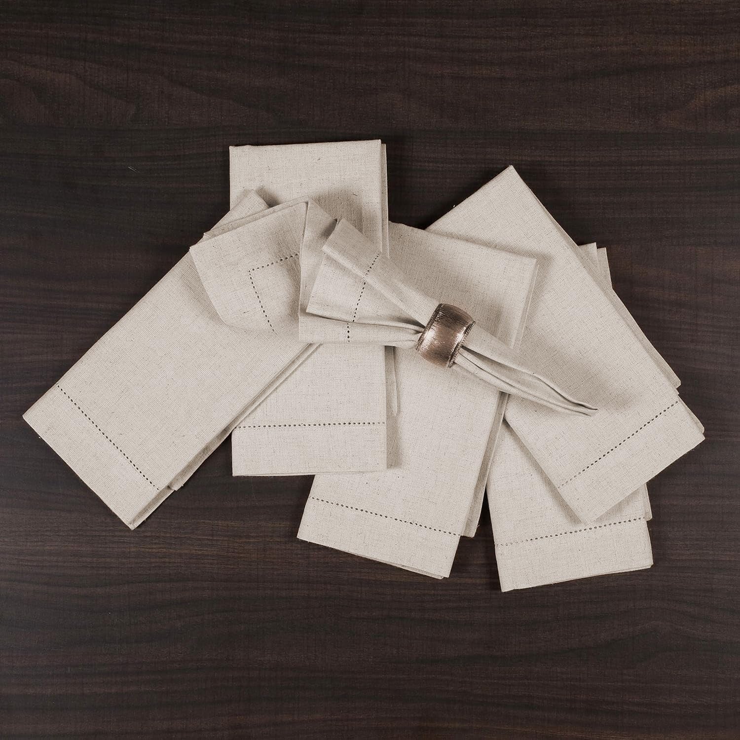 Linen Flax Cotton Cloth Dinner Napkins Set of 12 – 18X18 Natural Fabric with Hemstitched Mitered Corners – Machine Washable Wedding, Cocktail & Party Table Napkins