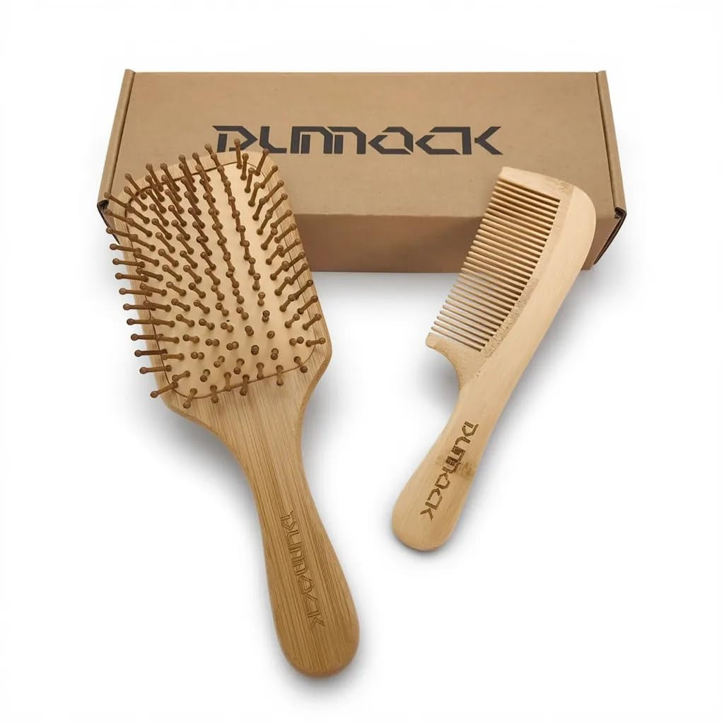 Bamboo Paddle Hairbrush Set of 2 – Eco Friendly Rectangular Bamboo Bristles Detangling Scalp Massage & Styling Natural Hair Brush Hair Growth, Plastic Free Sustainable Hair Care for Men & Women