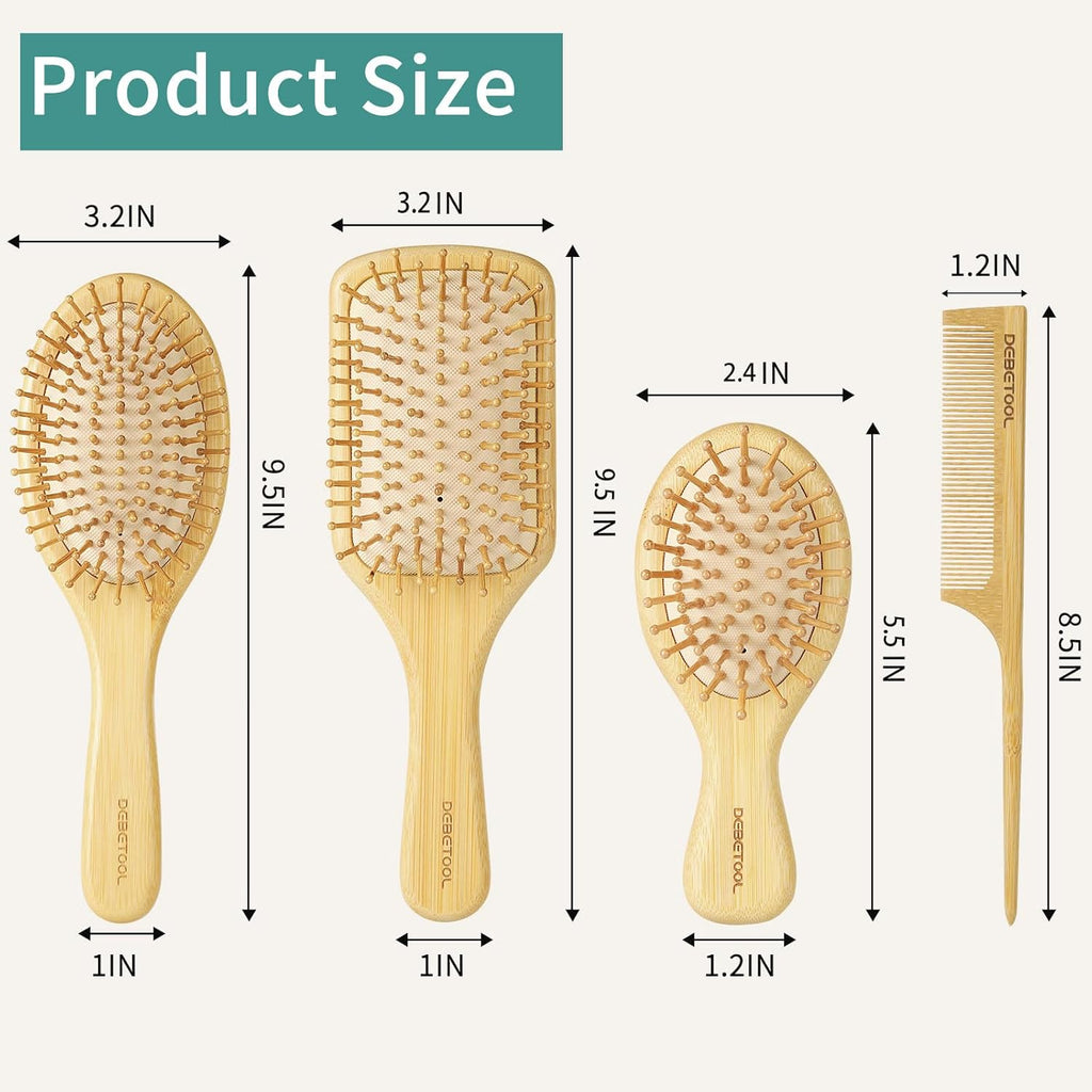 Bamboo Hair Brush and Comb Set for Women Men and Kids,Natural Bamboo Wood Wide-Tooth Brush and Tail Comb - Paddle Detangling Brush for Wet Dry Curly Hair