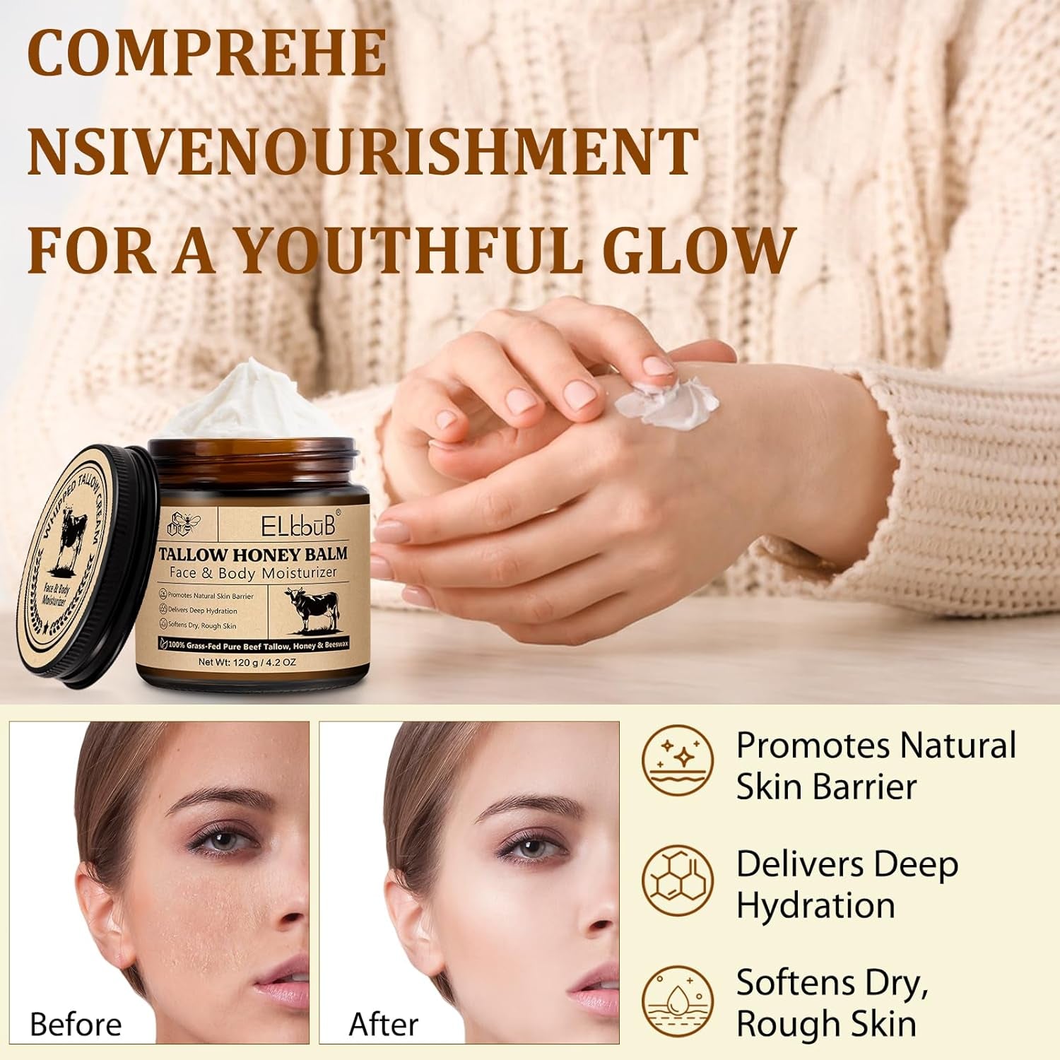 Whipped Tallow Cream for Face & Body - 100% Grass-Fed Beef Tallow, Natural Honey & Beeswax Moisturizer, Deep Hydration & Nourishment, Oil-Free & Unscented, Fast Absorbing