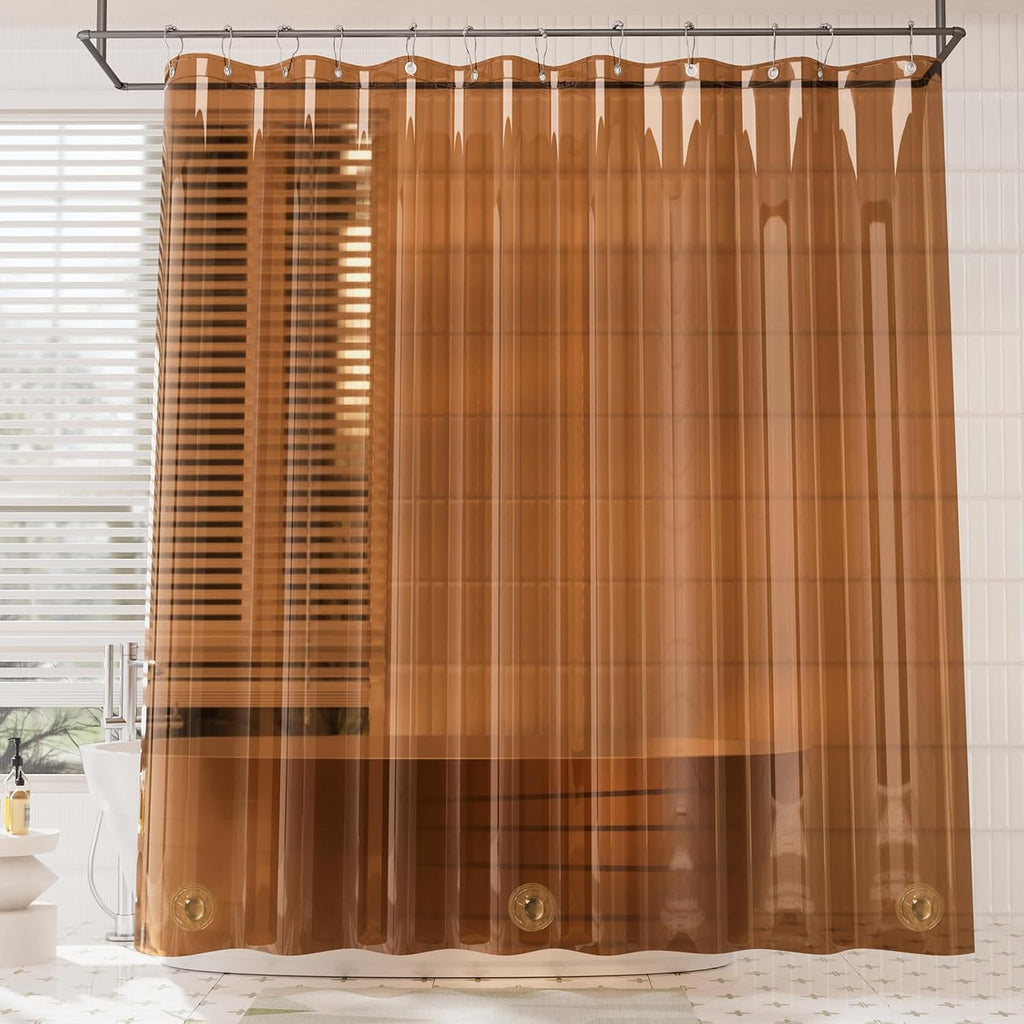 Premium EVA Shower Curtain Amber, Luxury Shower Curtain Clear Brown Jelly-Like Soft, Waterproof Clear Brown Shower Liner with 3 Weighted Stones and 12 Grommets, Recyclable Packaging