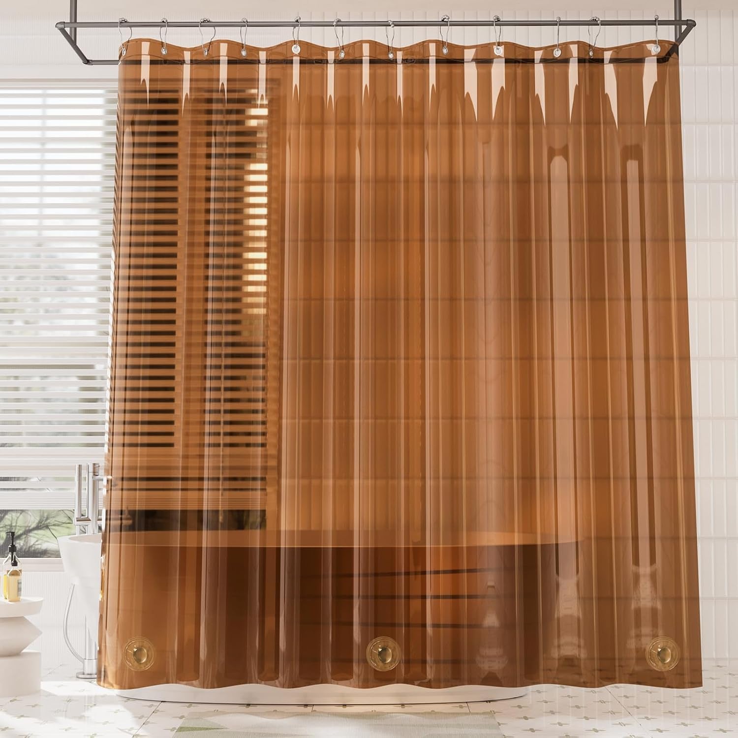 Premium EVA Shower Curtain Amber, Luxury Shower Curtain Clear Brown Jelly-Like Soft, Waterproof Clear Brown Shower Liner with 3 Weighted Stones and 12 Grommets, Recyclable Packaging