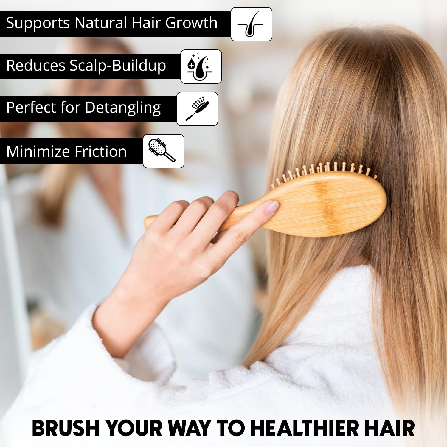 Bamboo Hair Brush for Women & Men, Wooden Paddle Brush with Rounded Bamboo Pins for Detangling, Scalp Massage & Healthy Hair Support, Ideal for Thick, Thin, Curly, Wet & Dry Hair