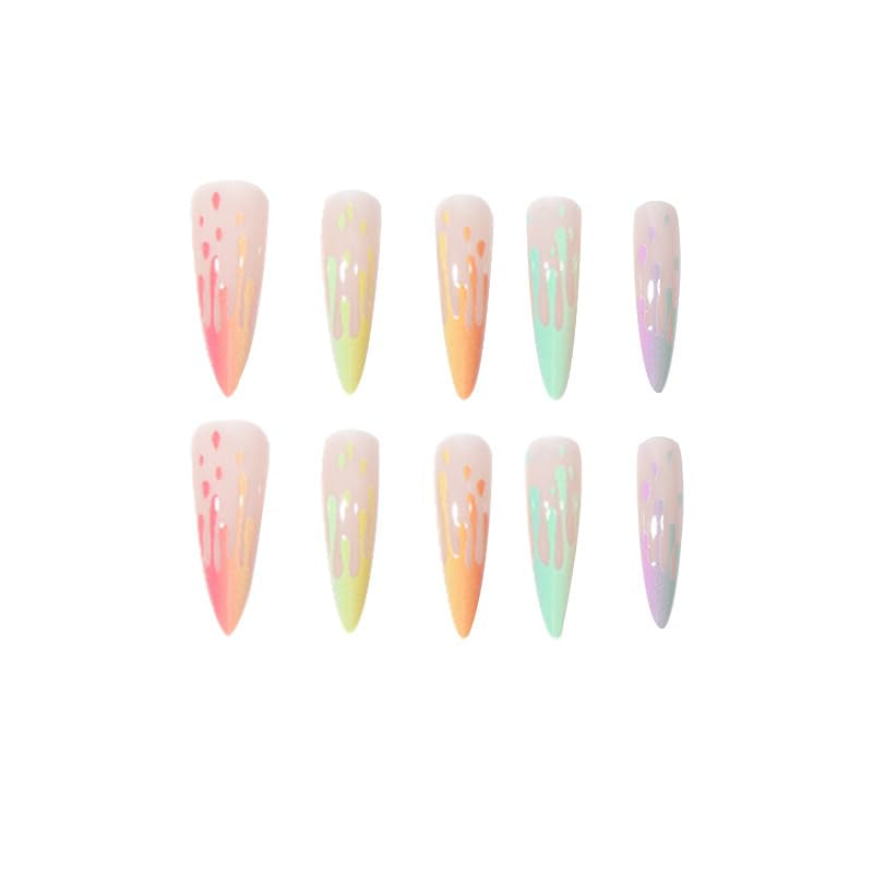 24Pcs Long Fake Nails Almond Press on Nail French Tip Glue on Nails Rainbow Ice Cream Design Acrylic Nails Almond Nails for Women and Girls