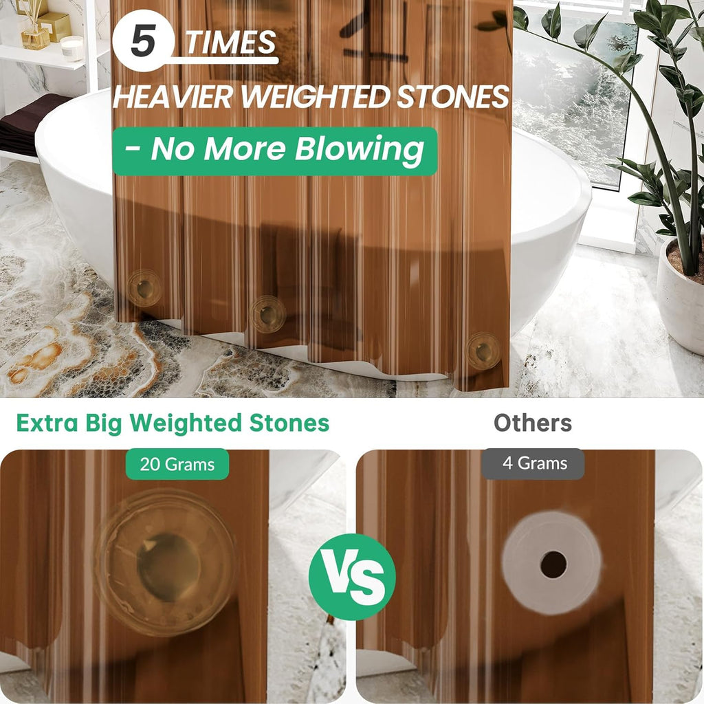 Premium EVA Shower Curtain Amber, Luxury Shower Curtain Clear Brown Jelly-Like Soft, Waterproof Clear Brown Shower Liner with 3 Weighted Stones and 12 Grommets, Recyclable Packaging