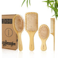 Bamboo Hair Brush and Comb Set for Women Men and Kids,Natural Bamboo Wood Wide-Tooth Brush and Tail Comb - Paddle Detangling Brush for Wet Dry Curly Hair