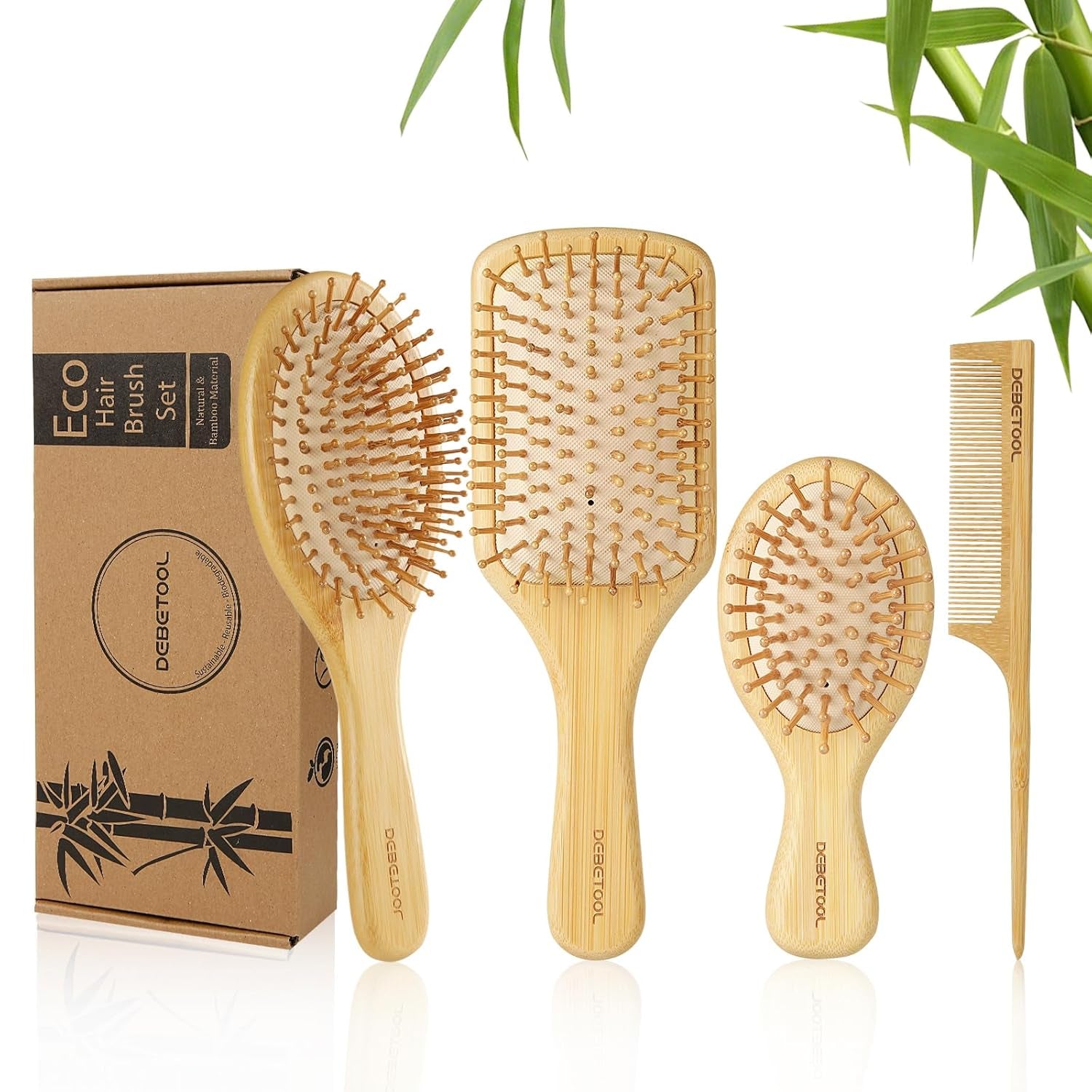 Bamboo Hair Brush and Comb Set for Women Men and Kids,Natural Bamboo Wood Wide-Tooth Brush and Tail Comb - Paddle Detangling Brush for Wet Dry Curly Hair