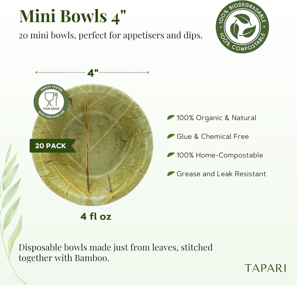 TAPARI Mini Disposable Bowls - 20 Pack Mini Leaf Bowls - 4 Inch - Sturdy & Eco-Friendly - Home Compostable & Biodegradable Bowls for Parties - Bowl for Soup, Hot & Cold Food - Sal Leaf - 3 Fl Oz
