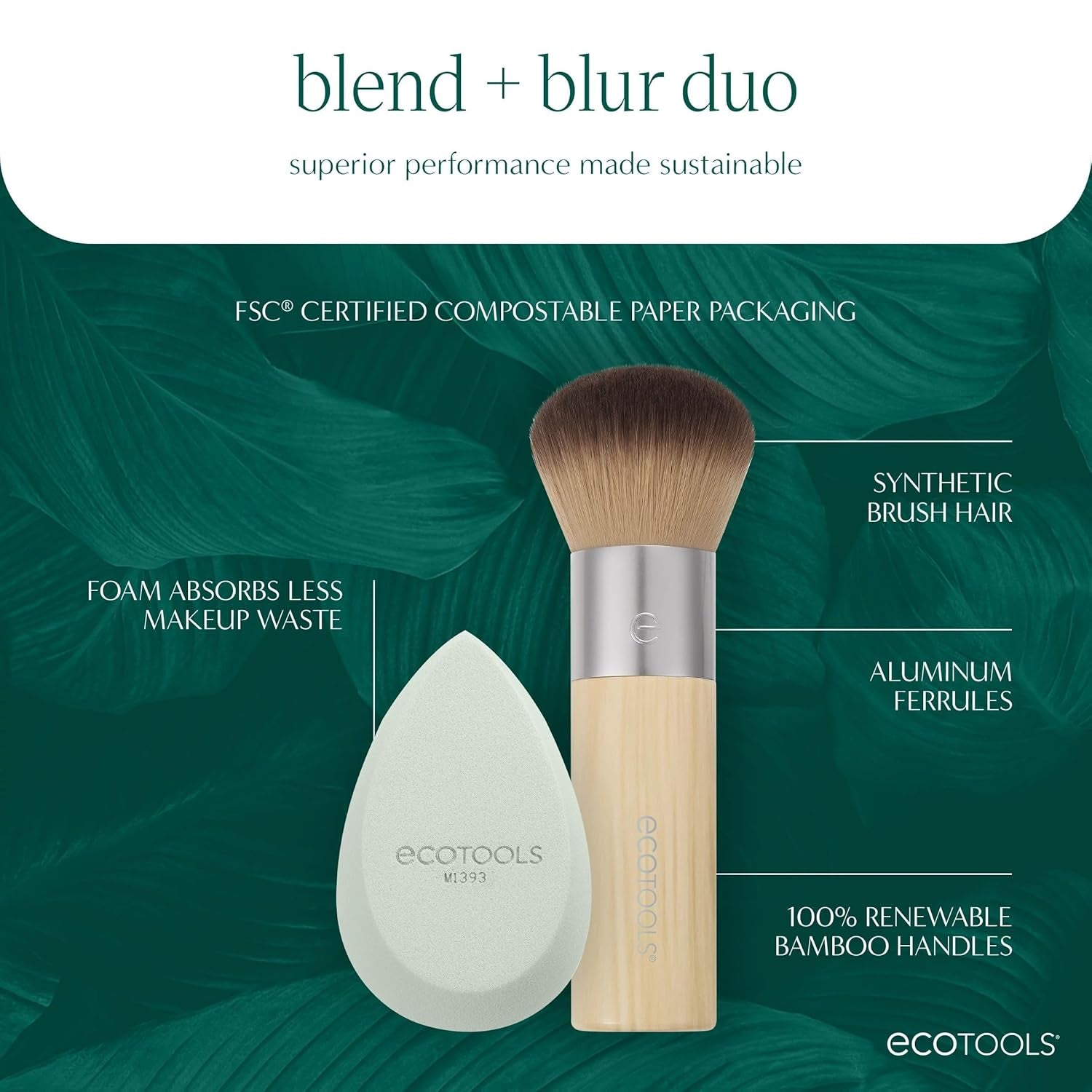 Blend + Blur Makeup Brush and Sponge Duo, Makeup Blender Sponge & Foundation Brush, for Liquid & Cream Makeup, Cloud Skin, Eco Friendly, Latex-Free, Cruelty Free, & Vegan, 2 Piece Set