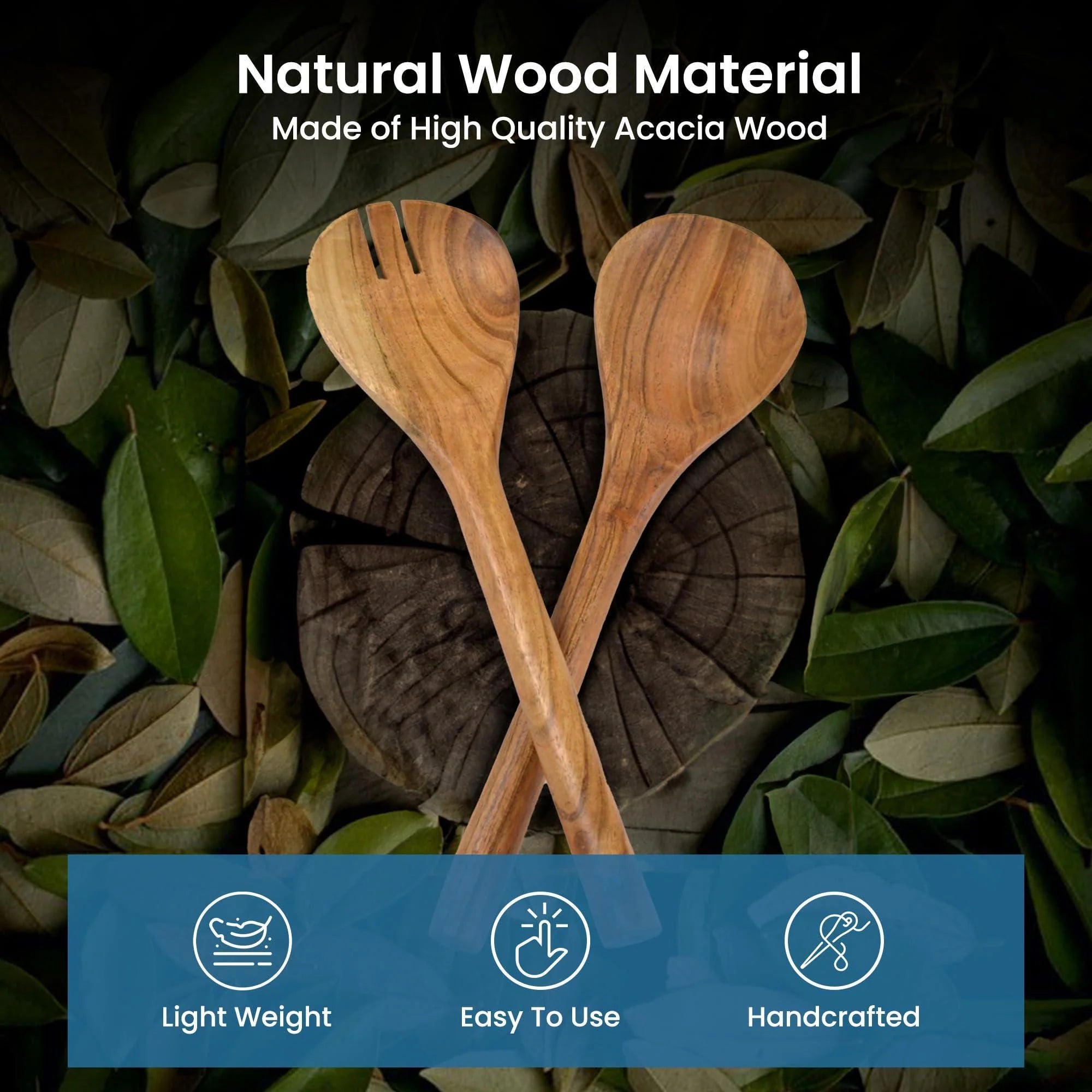 The Fine Living Co. Acacia Salad Servers 11 Inches Wooden Spoon Handcrafted Kitchen Utensils for Mixing Tossing Cooking (2 Piece Set Natural)