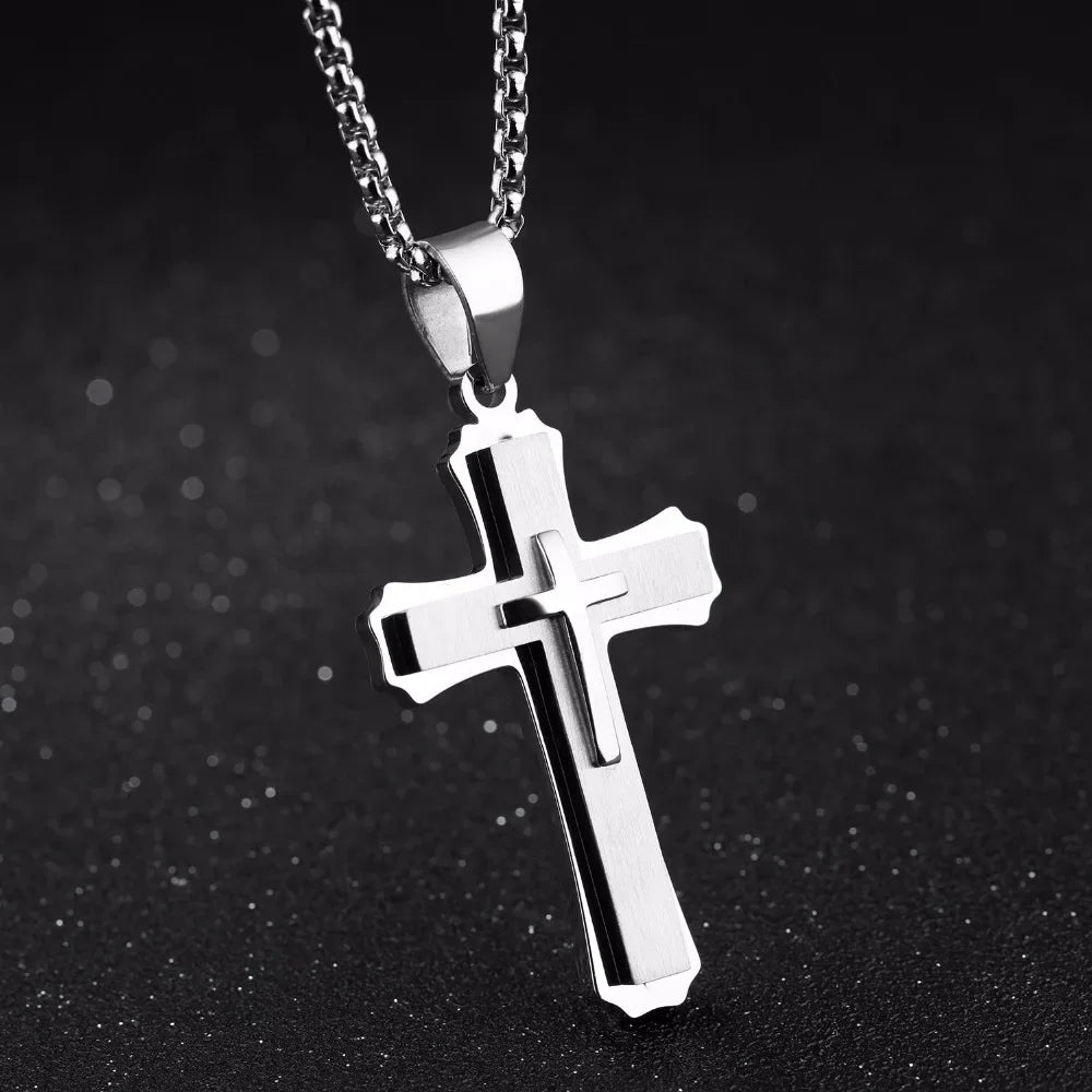 Men Necklaces & Pendants Male Cross Necklace Punk Stainless Steel Chain Fashion Jewelry White Black Golden