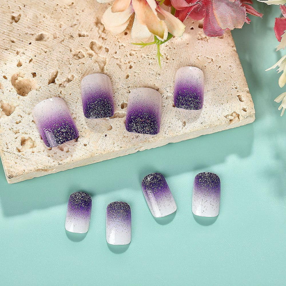Square Press on Nails Short Fake Nails Purple Gradient Glue on Nail Glitter Acrylic Nails Glossy False Nails Press on Nails for Women and Girls 24Pcs